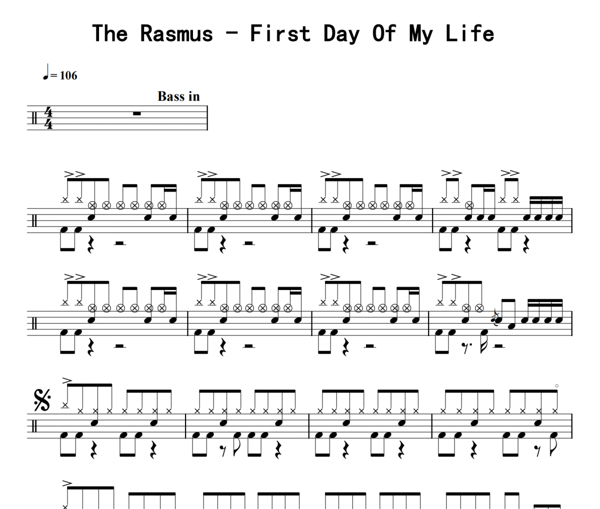 The Rasmus《First Day Of My Life》架子鼓|爵士鼓|鼓谱 8分音符发布