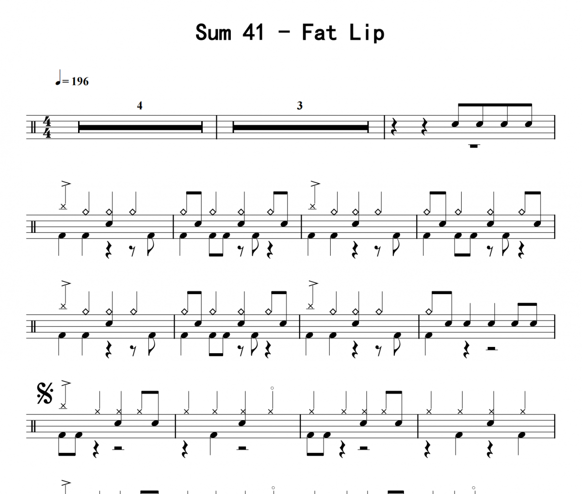 Fat Lip鼓谱 Sum 41《Fat Lip》架子鼓|爵士鼓|鼓谱 8分音符发布
