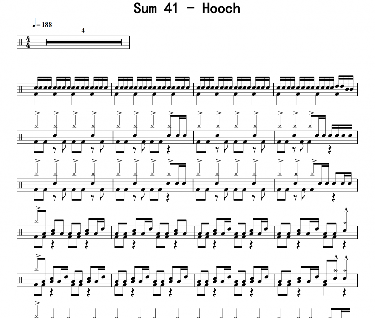 Hooch鼓谱 Sum 41《Hooch》架子鼓|爵士鼓|鼓谱 8分音符发布
