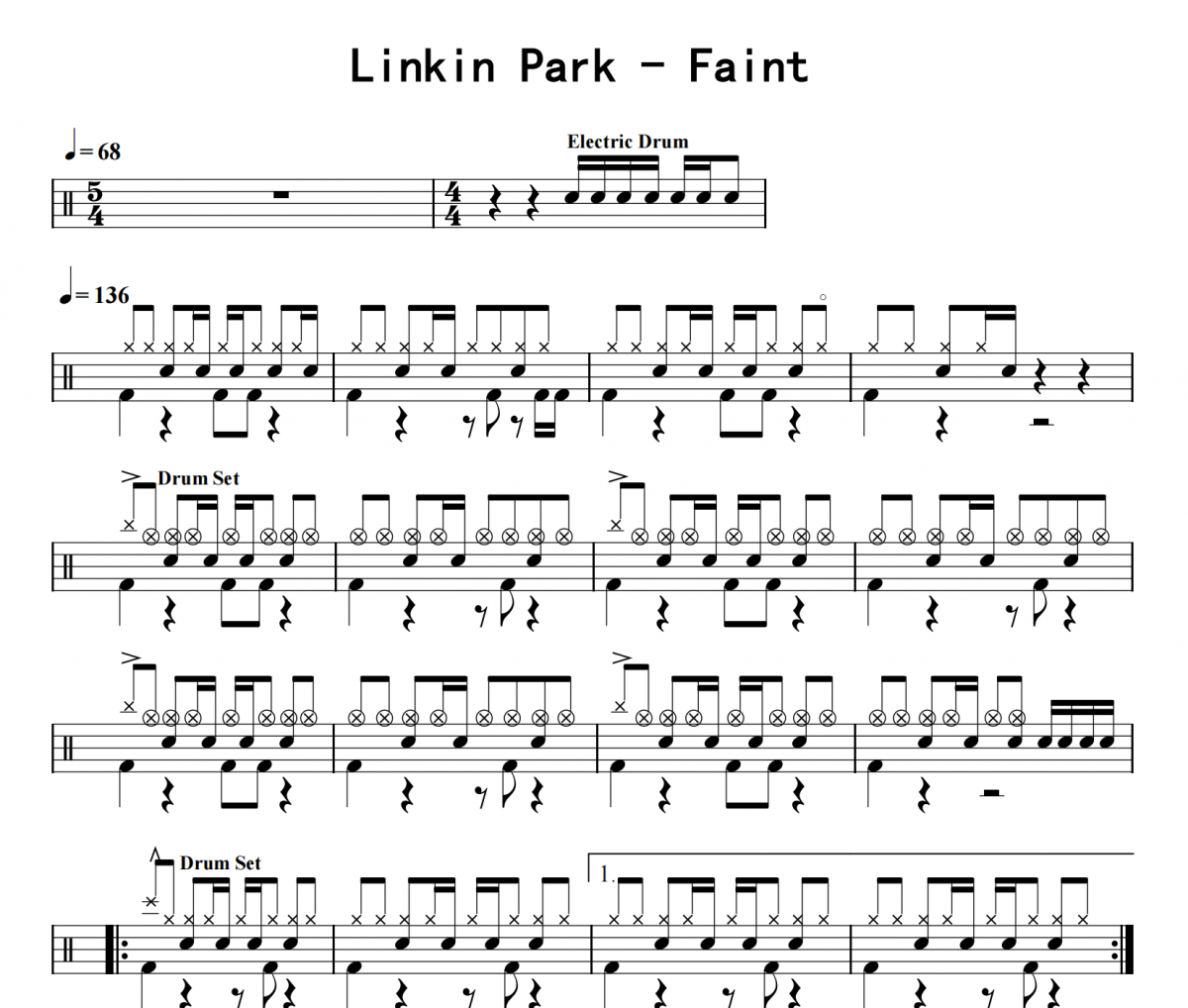 Linkin Park《Faint》架子鼓|爵士鼓|鼓谱 8分音符发布