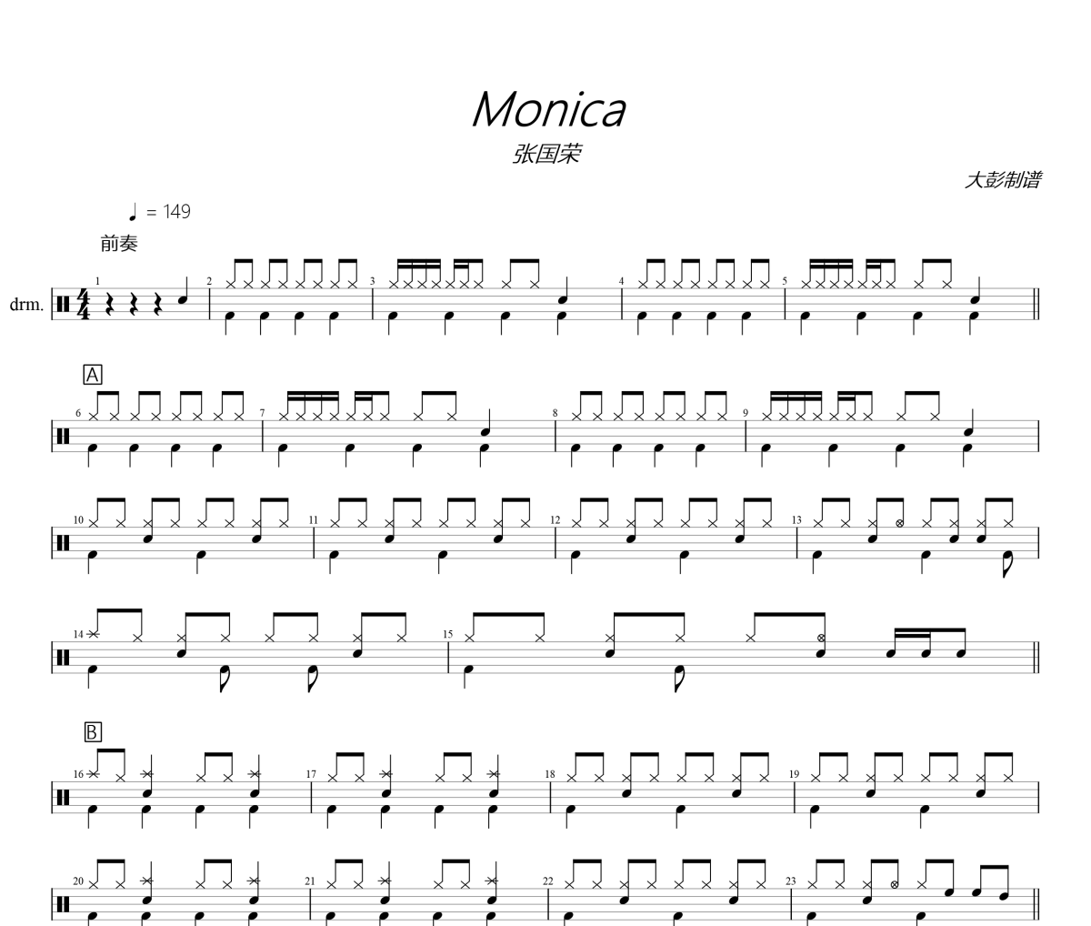 张国荣《Monica》架子鼓|爵士鼓|鼓谱+动态视频 大彭制谱