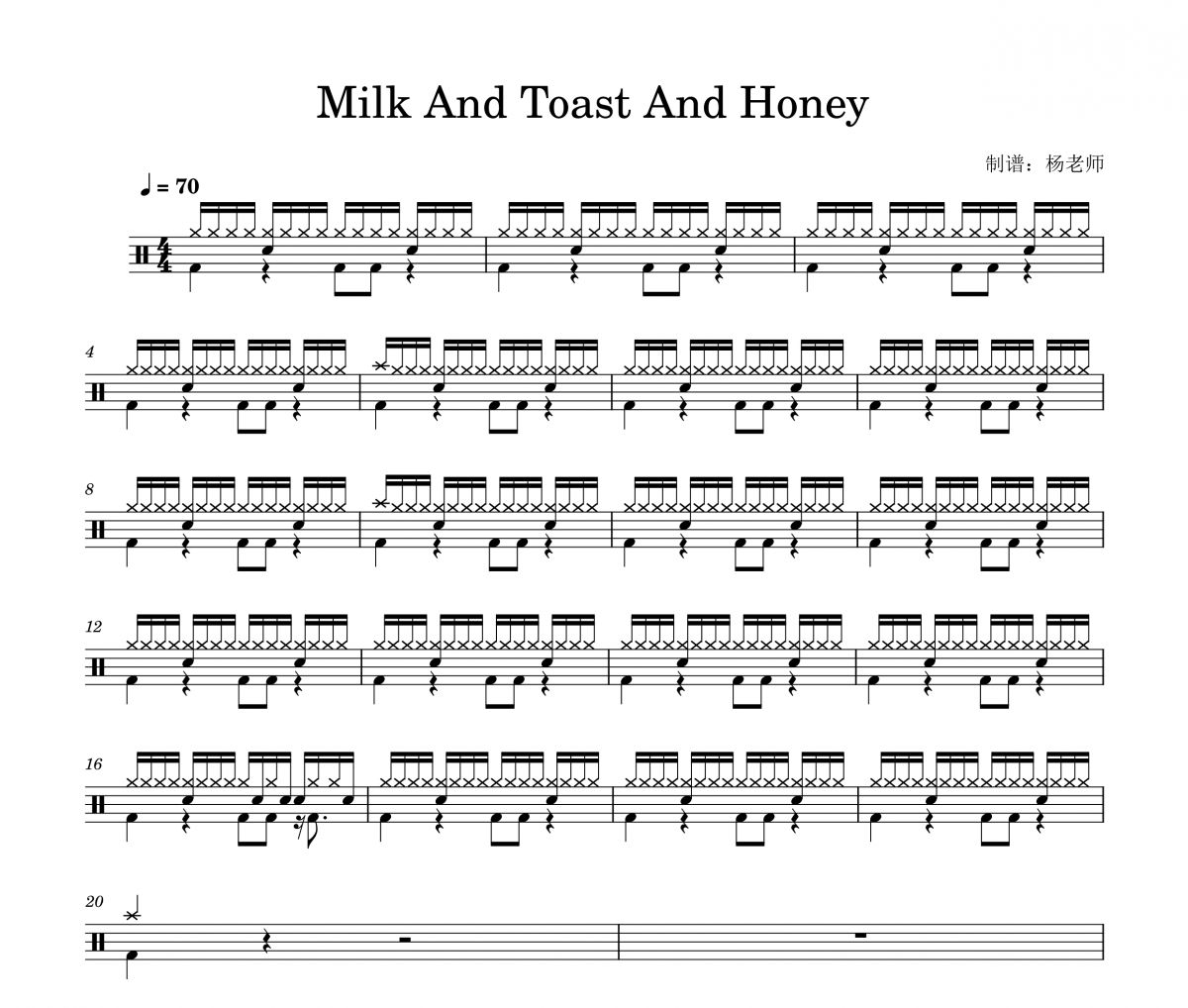 Roxette《Milk And Toast And Honey》架子鼓|爵士鼓|鼓谱 杨老师制谱