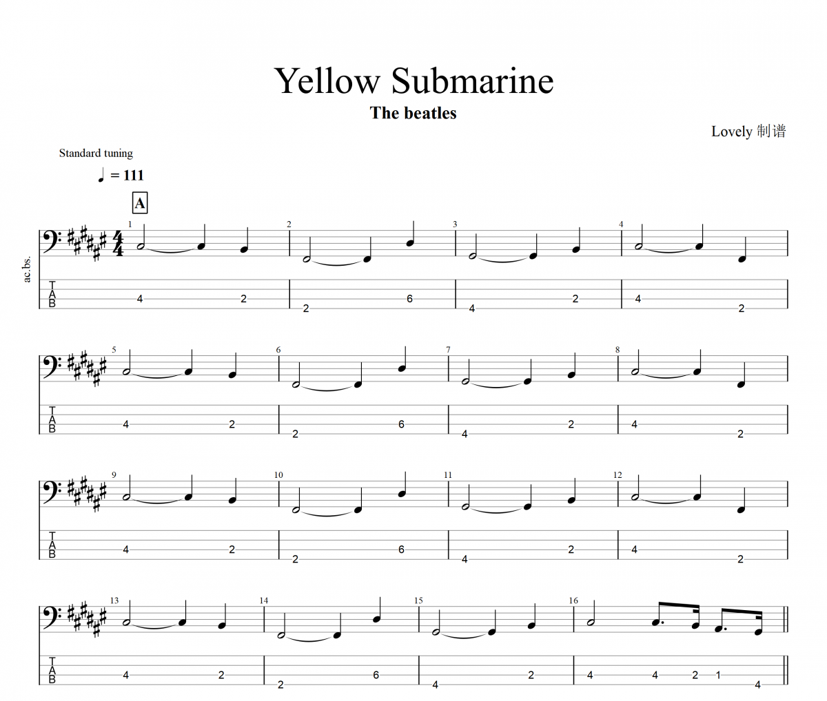 Yellow Submarine 贝斯谱 The Beatles《Yellow Submarine》贝司BASS谱