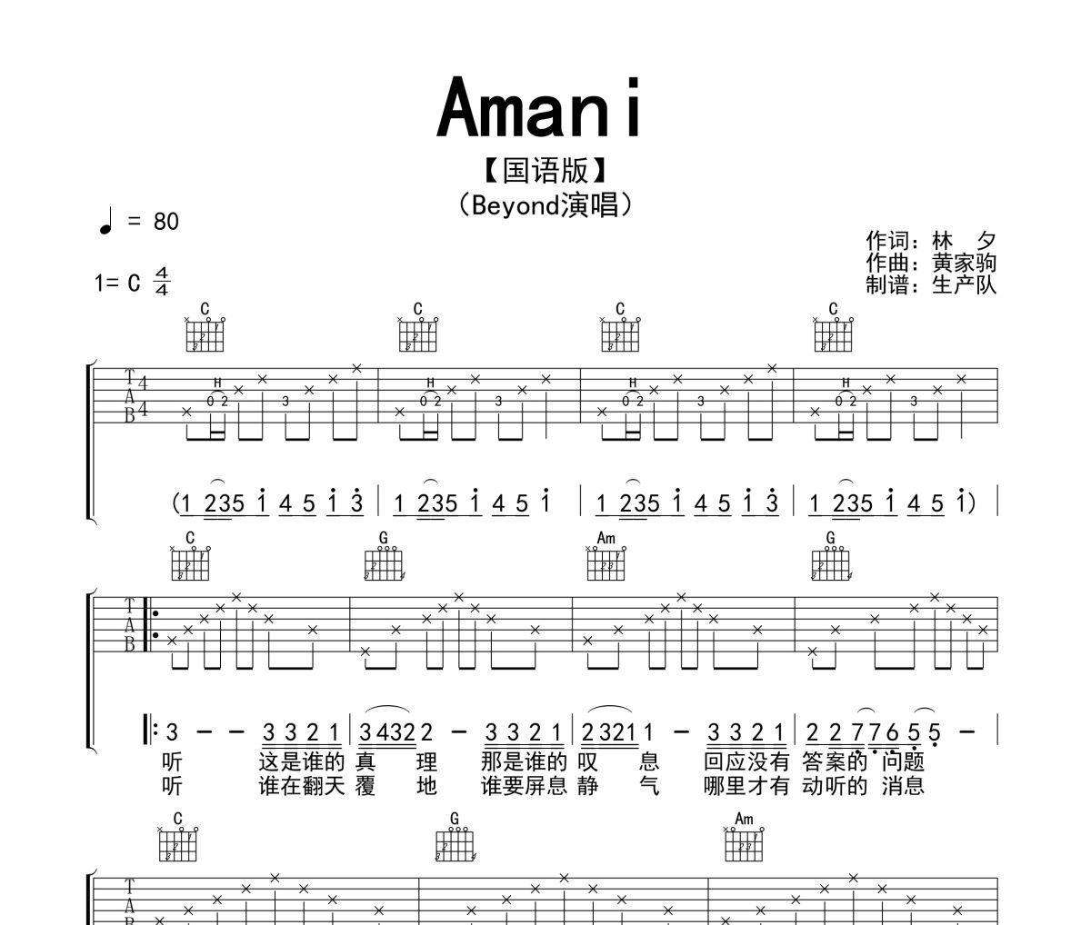 Amani 吉他谱 六线谱—Beyond（扫描版）
