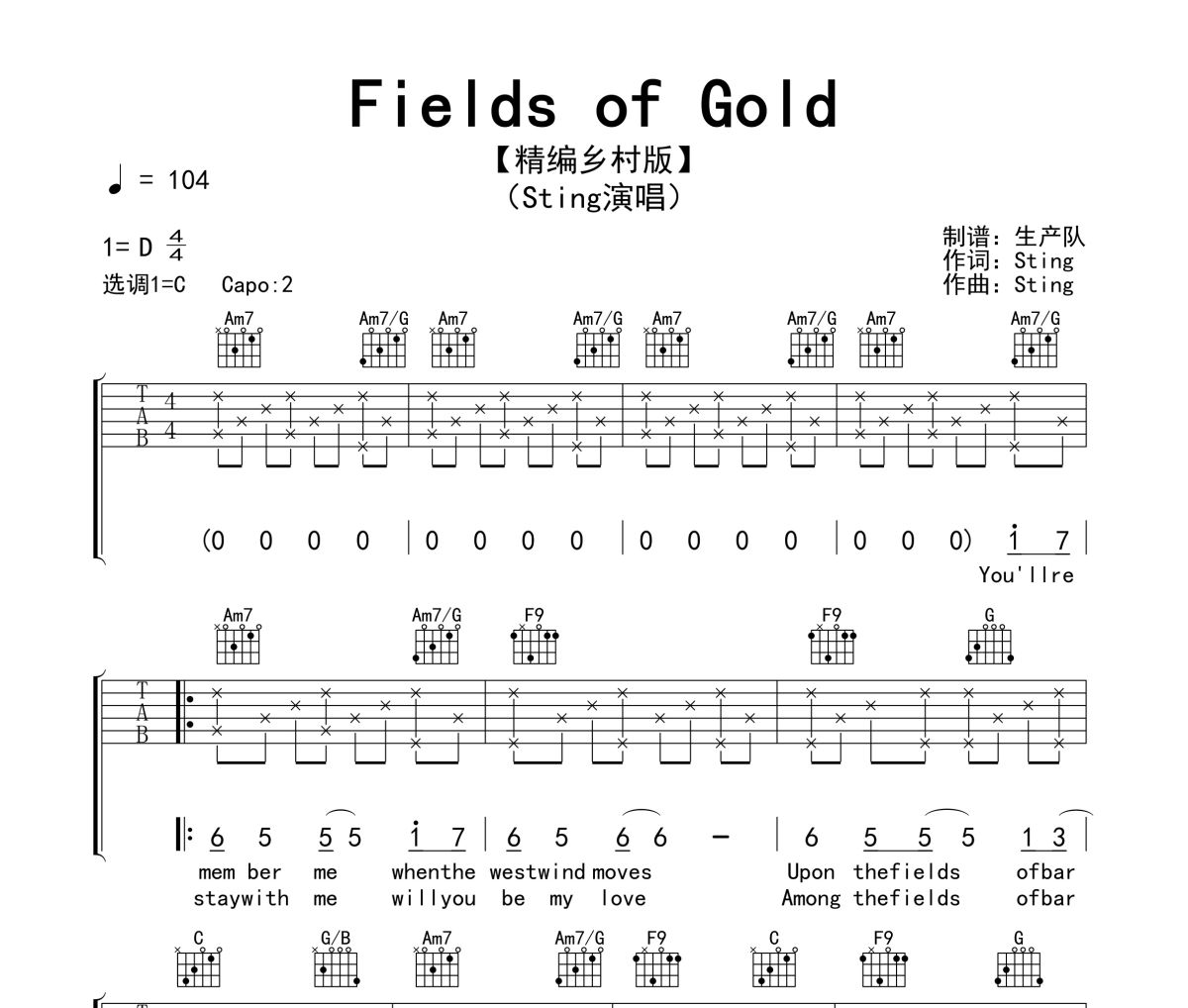 Fields of Gold吉他谱 Sting《Fields of Gold》六线谱|吉他谱