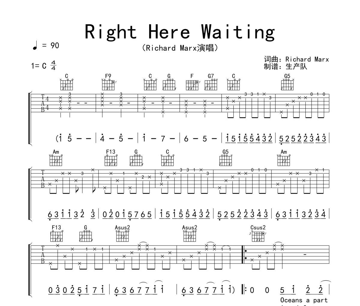 Right Here Waiting吉他谱 Richard Marx《Right Here Waiting》六线谱|吉他