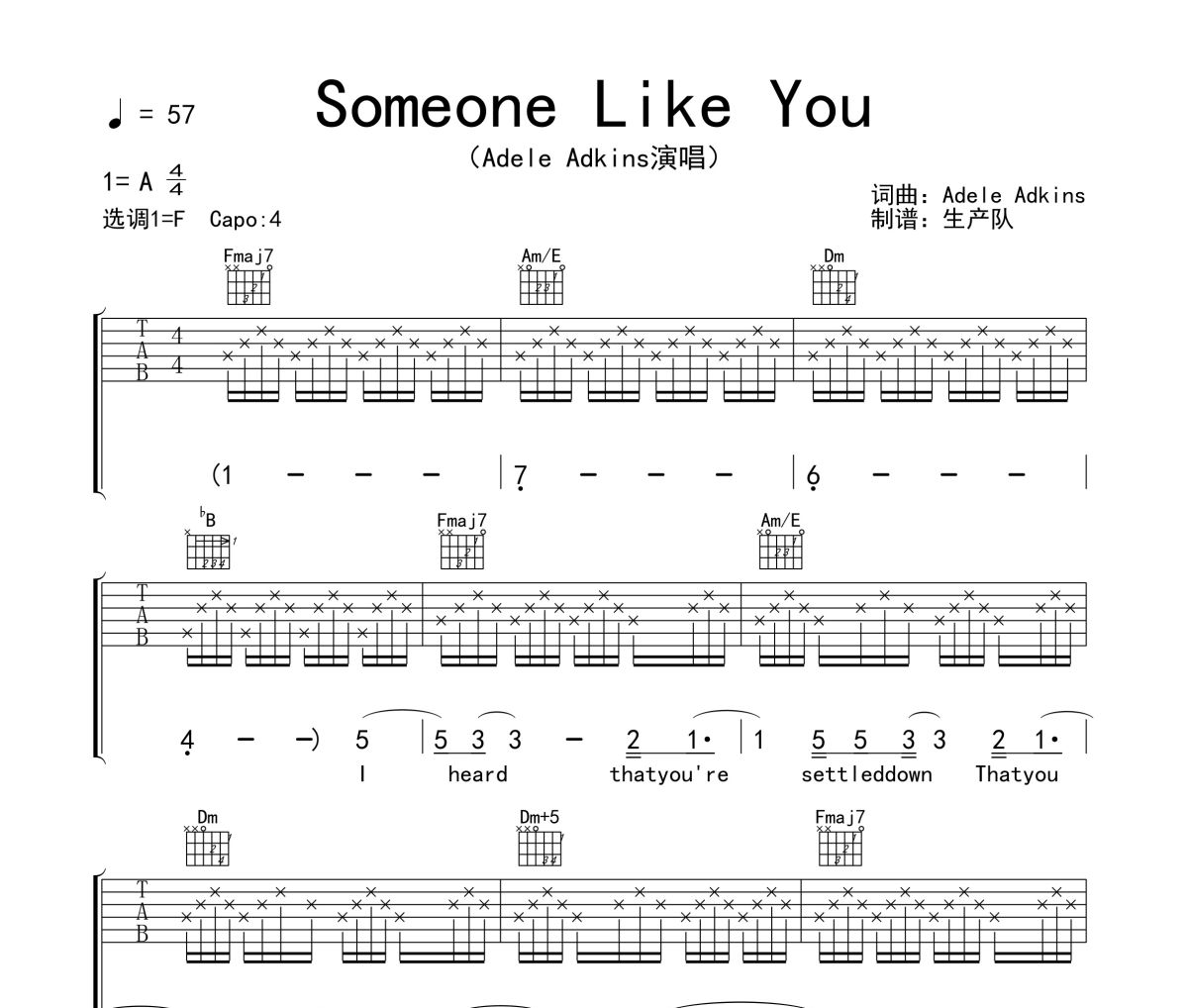 Someone Like You吉他谱 Adele《Someone Like You》六线谱F吉他谱