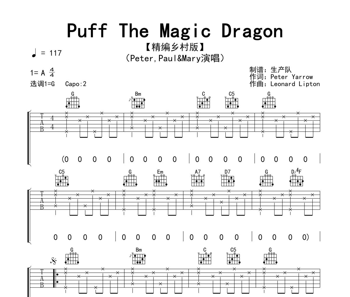 Puff The Magic Dragon吉他谱 Peter, Paul & Mary《Puff The Magic D
