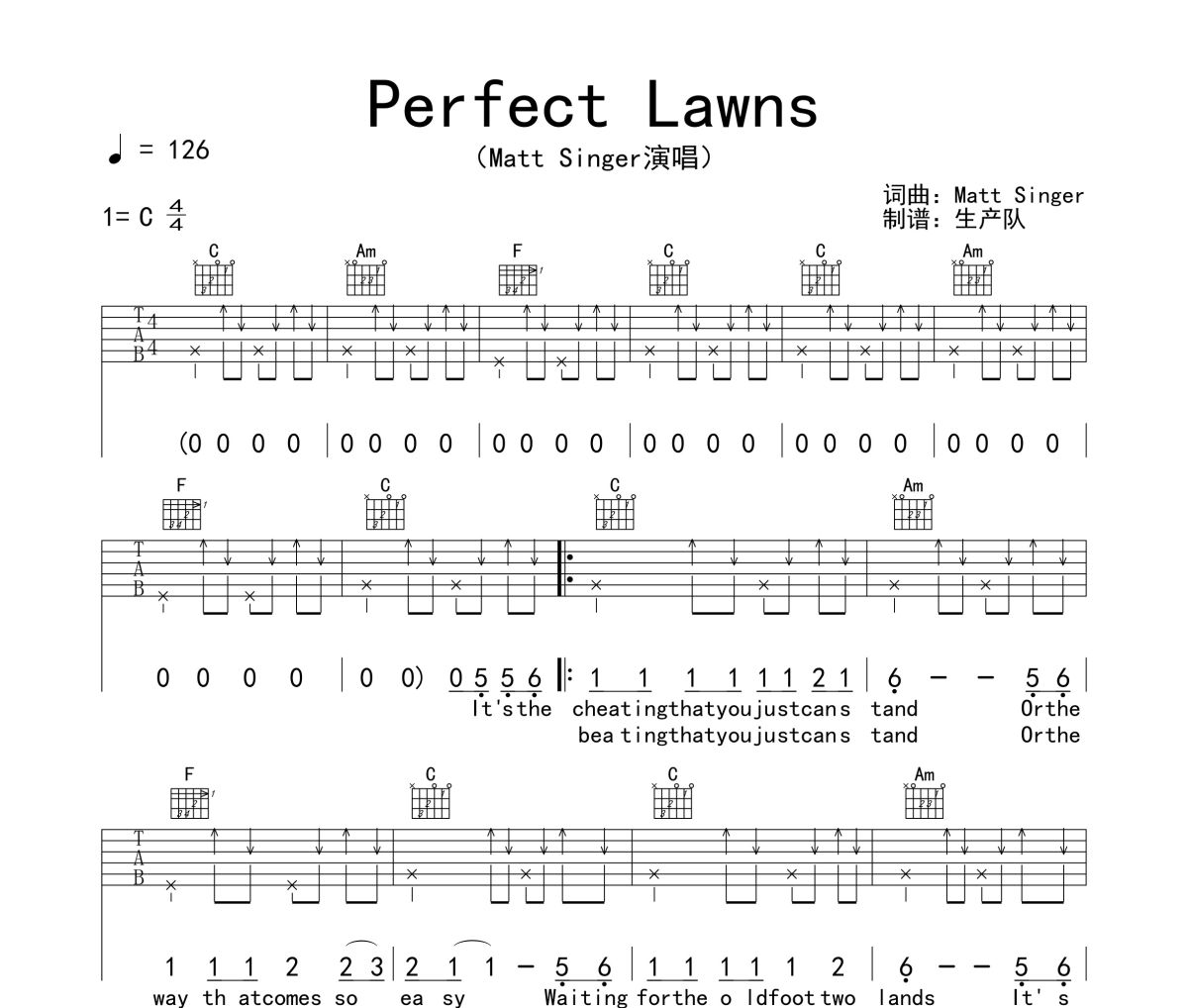 Perfect Lawns吉他谱 Matt Singer《Perfect Lawns》六线谱|吉他谱