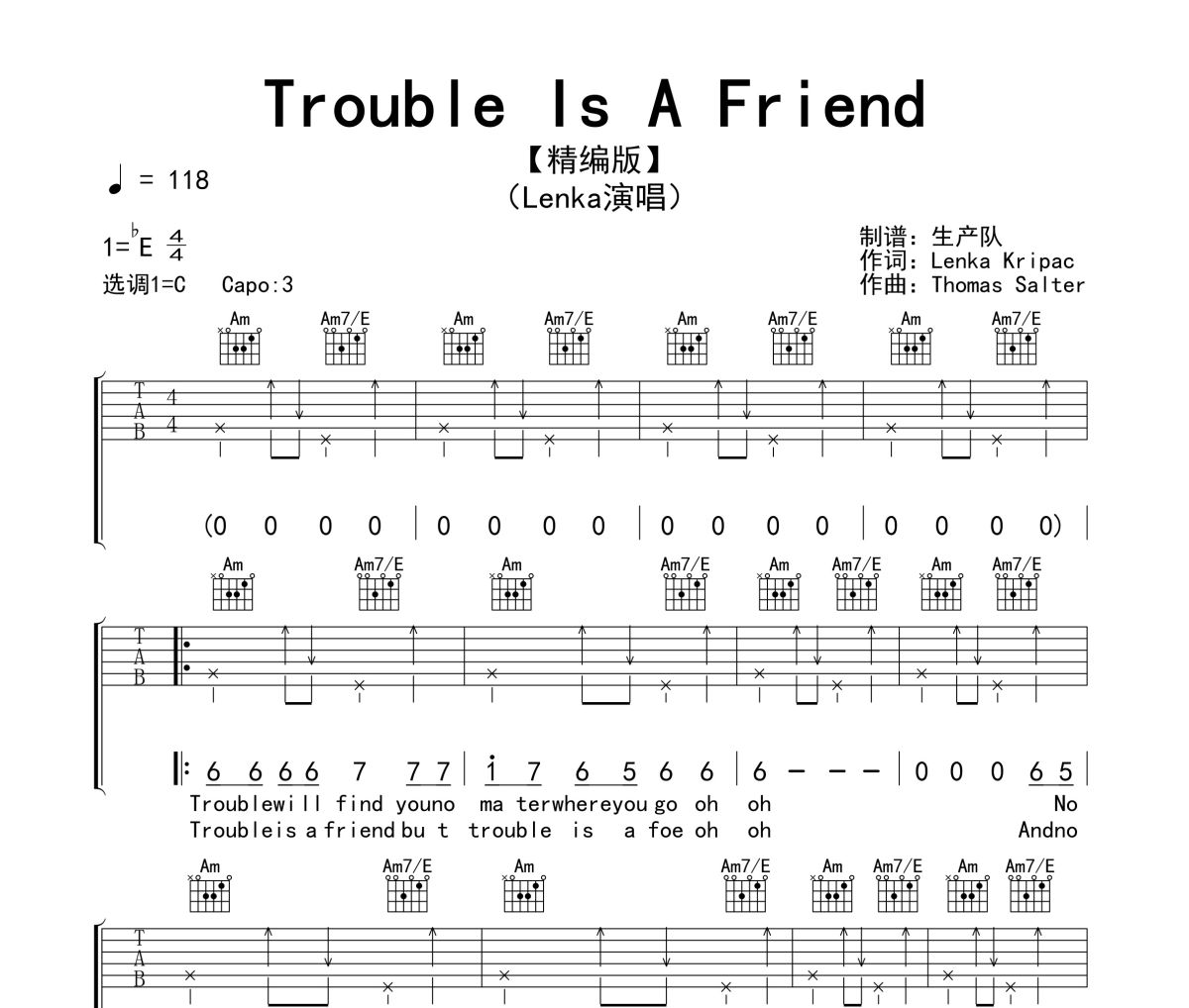 Trouble Is A Friend吉他谱 Lenka《Trouble Is A Friend》六线谱C调吉他谱