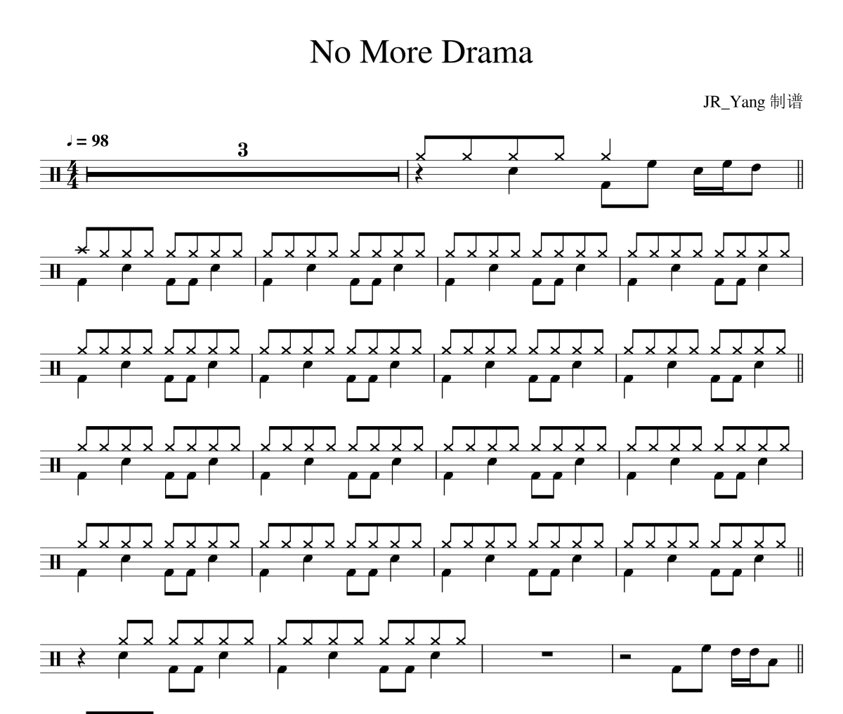 No More Drama鼓谱 Charlie Puth《No More Drama》架子鼓|爵士鼓|鼓谱