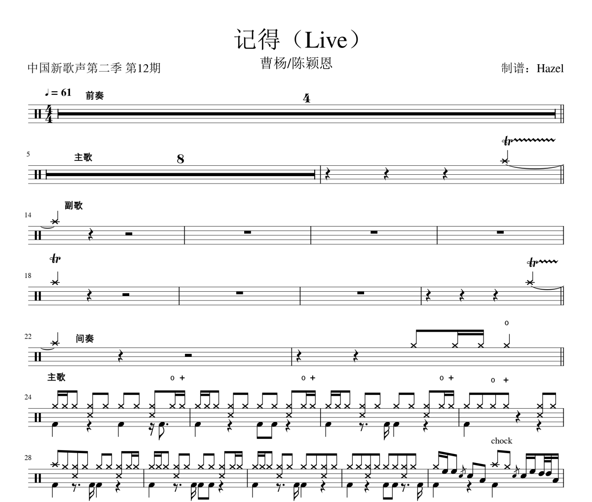 记得（Live）鼓谱 曹杨/陈颖恩-记得（Live）(中国新歌声第二季 第12期)架子鼓|鼓谱