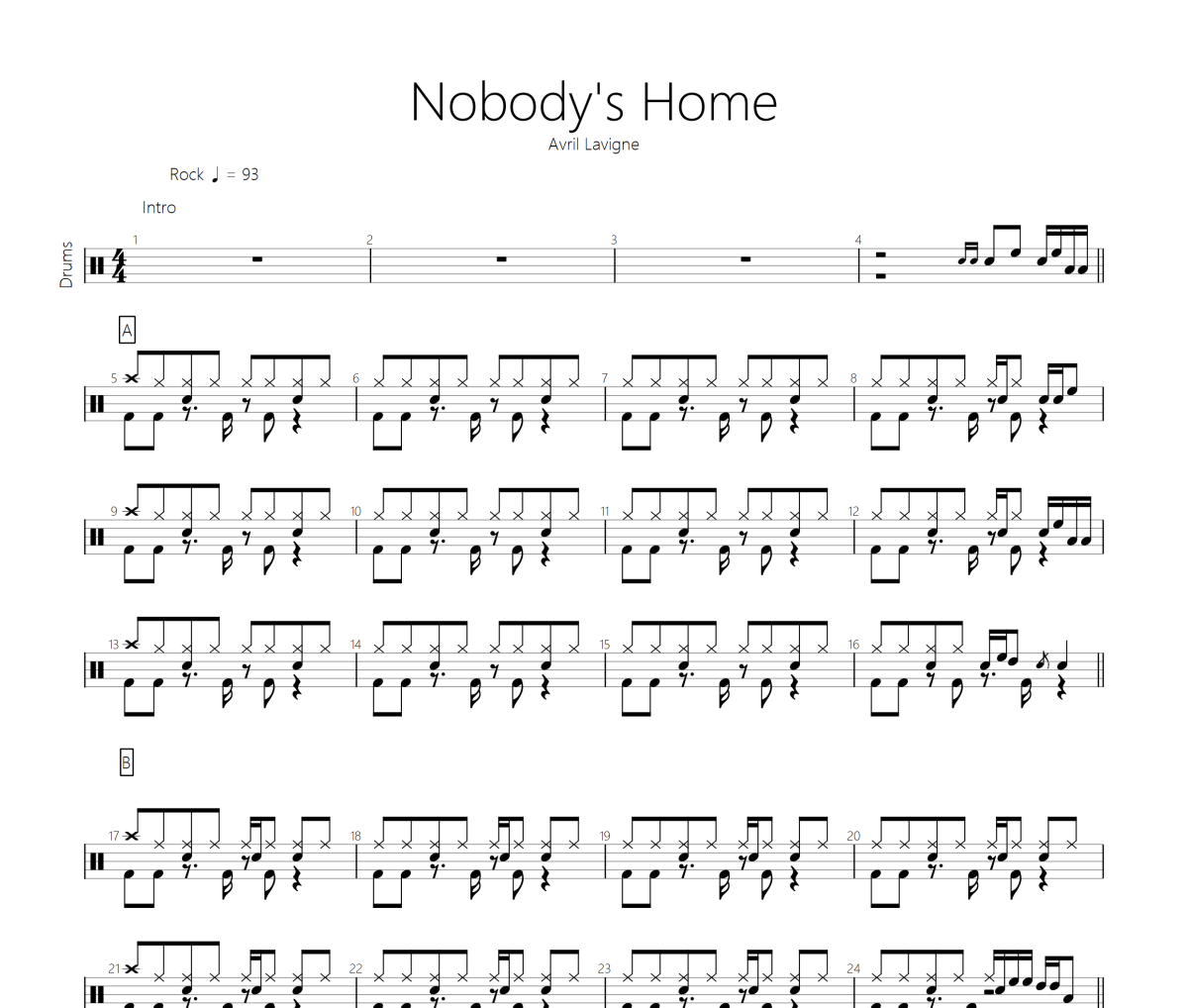 Avril Lavigne（艾薇儿）《noboby's home》架子鼓|爵士鼓|鼓谱 晓牧制谱