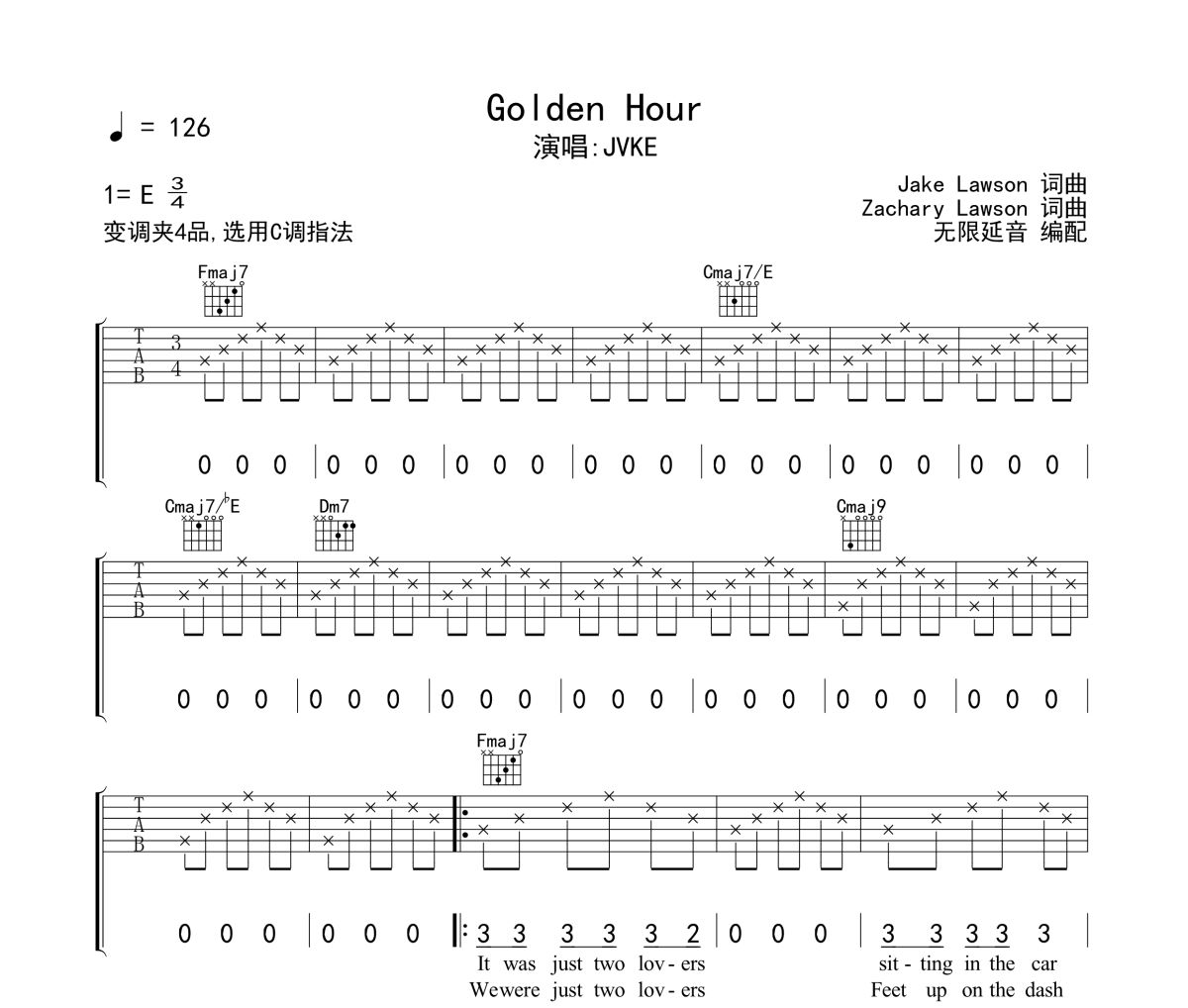 JVKE《Golden Hour 》六线谱|吉他谱 无限延音制谱