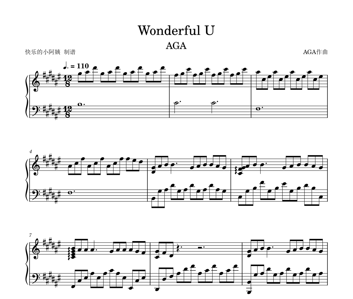 Wonderful U钢琴谱 AGA《Wonderful U》(一首好听的英文歌曲)五线谱|钢琴谱