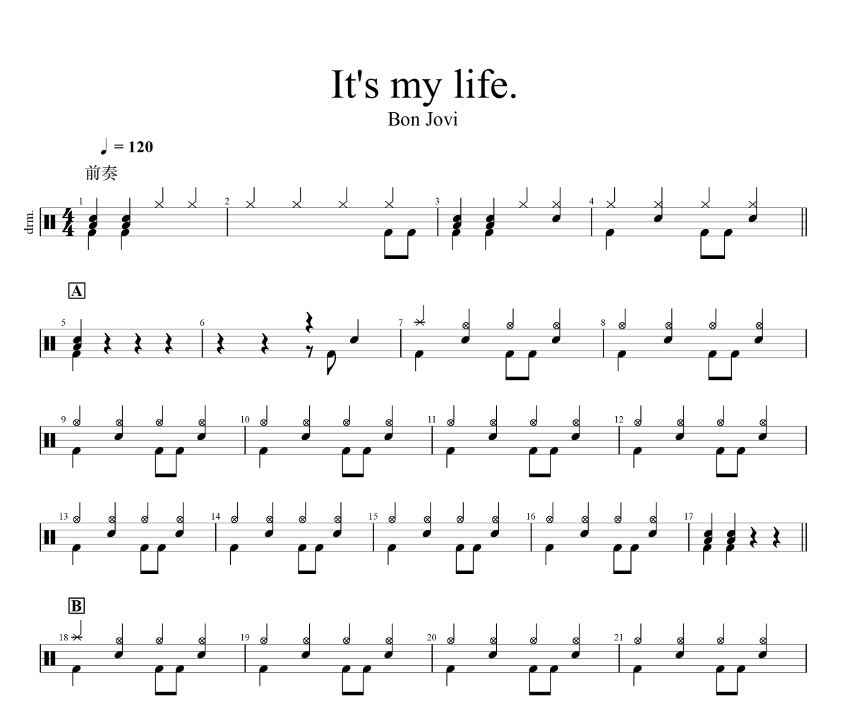 It's My Life鼓谱 Bon Jovi-It's My Life爵士鼓谱+动态视频