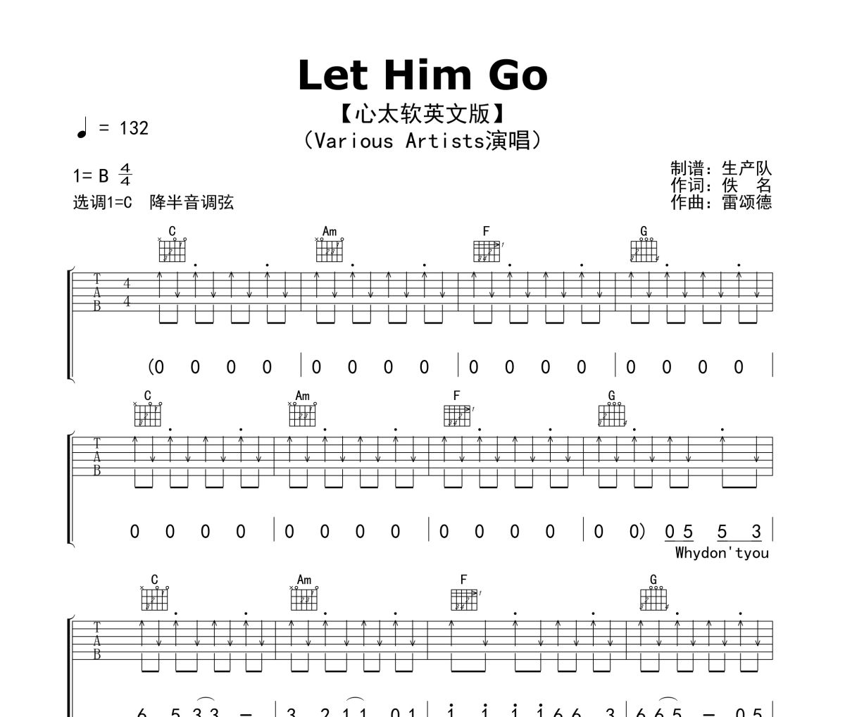Let Him Go吉他谱 Various Artists-Let Him Go(心太软英文版)六线谱|吉他谱