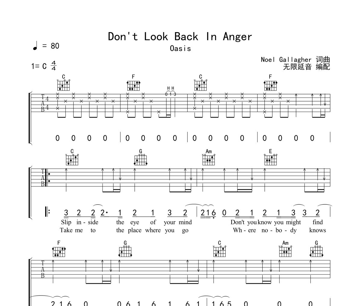 Don't Look Back In Anger吉他谱 Oasis-Don't Look Back In Anger六线