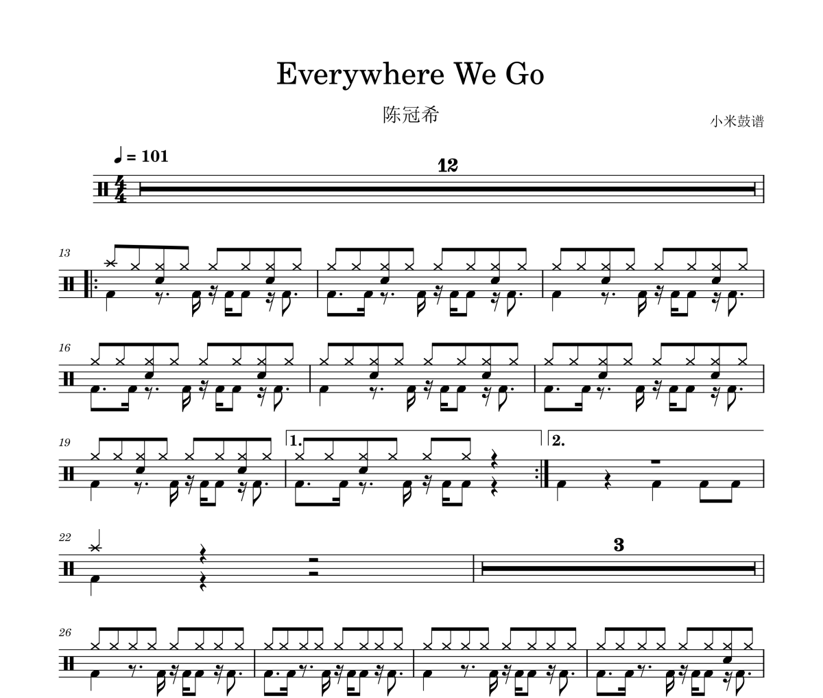 Everywhere We Go鼓谱 陈冠希-Everywhere We Go爵士鼓谱+动态视频