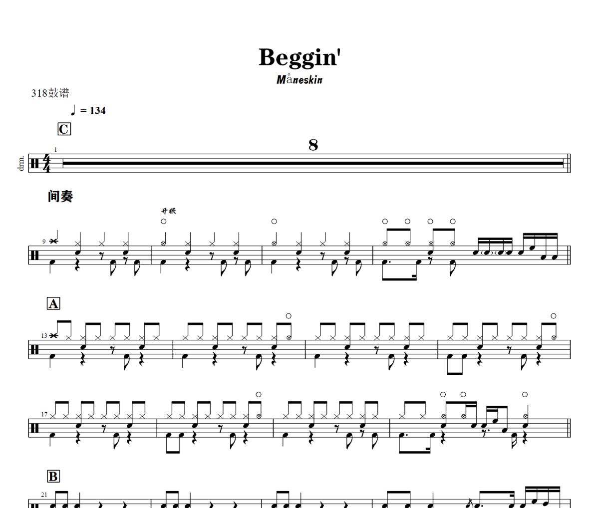 Beggin'鼓谱 Måneskin-Beggin'爵士鼓谱+动态视频 318鼓谱