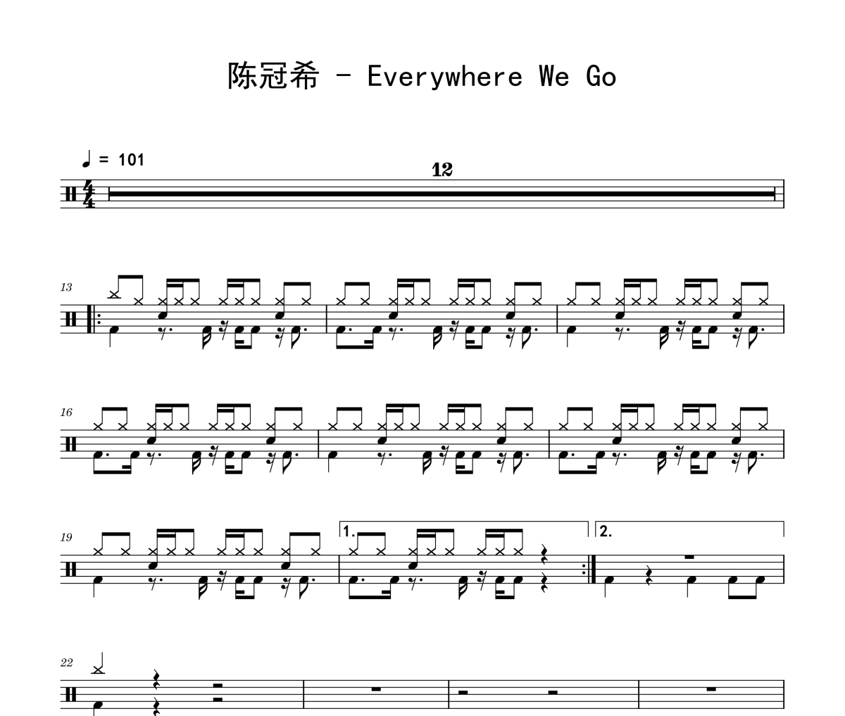 Everywhere We Go鼓谱 陈冠希-Everywhere We Go爵士鼓谱