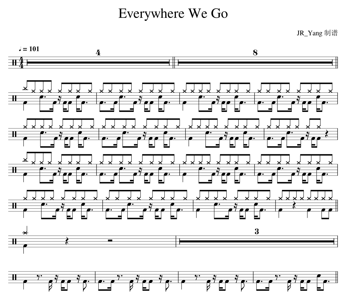 Everywhere We Go鼓谱 陈冠希/MC仁/厨房仔/应采儿-Everywhere We Go爵士鼓谱