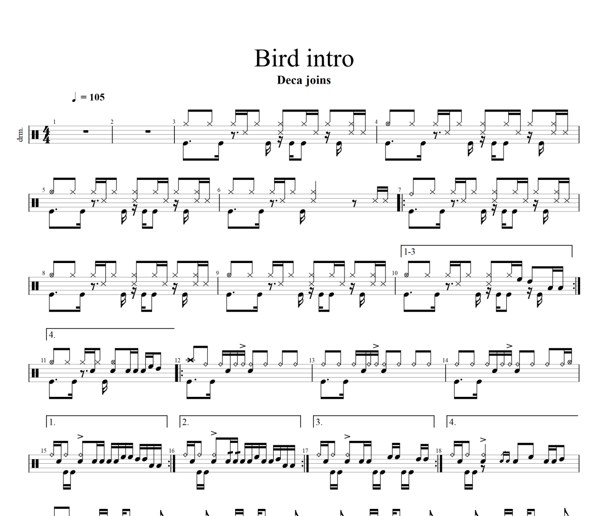 鸟鸟鸟intro鼓谱 Deca joins《鸟鸟鸟intro》架子鼓|爵士鼓|鼓谱