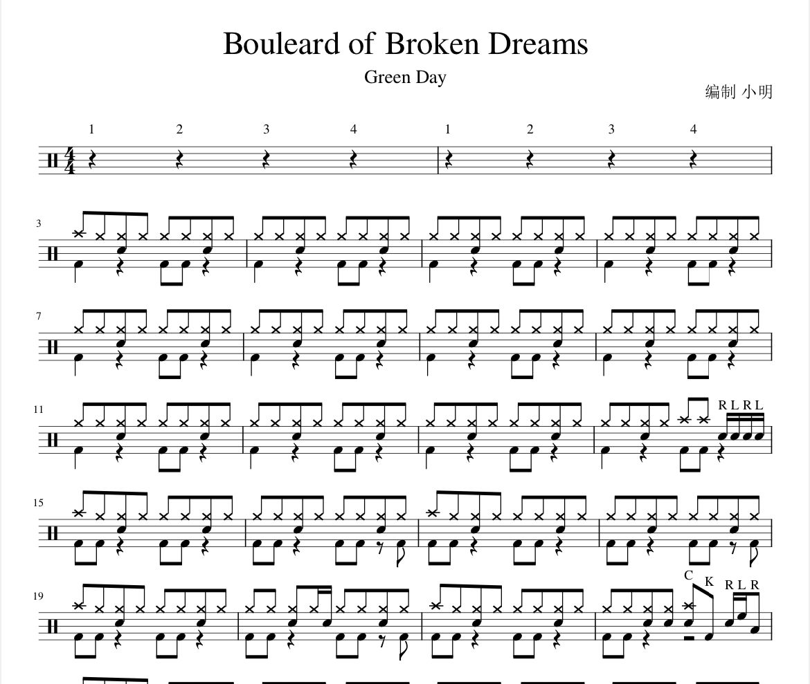 Bouleard Of Broken Dreams 鼓谱 Green Day 《Bouleard Of Broken D